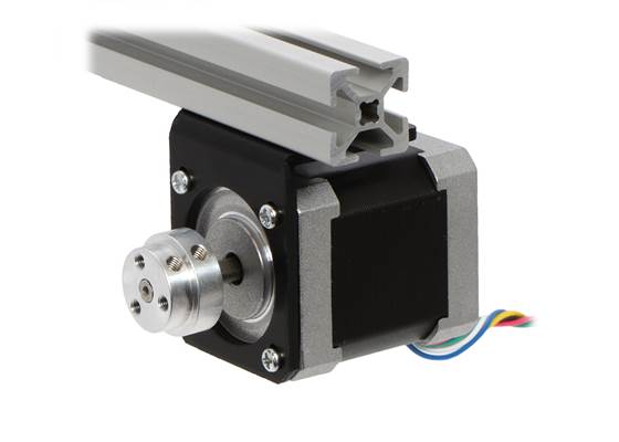 The machined piece of the 5&nbsp;mm scooter wheel adapter mounted to the output shaft of a stepper motor.