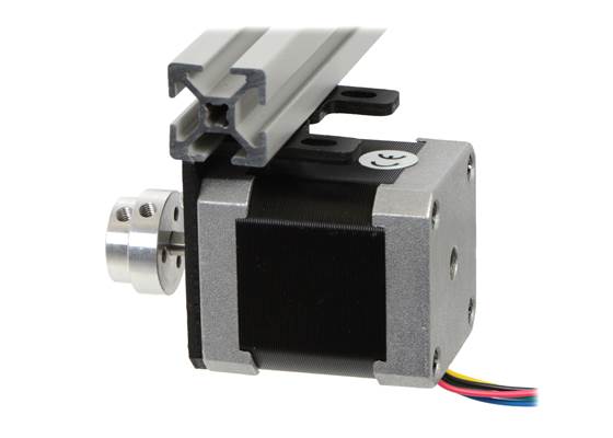 The machined piece of the 5&nbsp;mm scooter wheel adapter mounted to the output shaft of a stepper motor. (1)