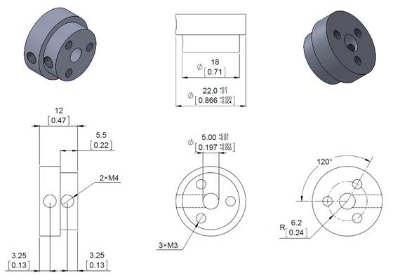 Dimension diagram of the Pololu aluminum scooter wheel adapter threaded mount for 5&nbsp;mm shafts. Units are mm over [inches].