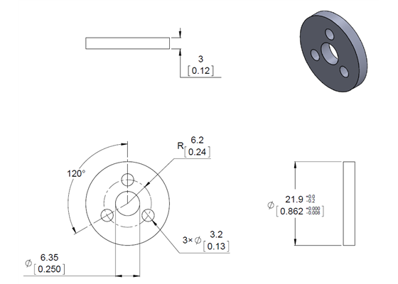 Dimension diagram of the Pololu aluminum scooter wheel adapter flat washer. Units are mm over [inches].