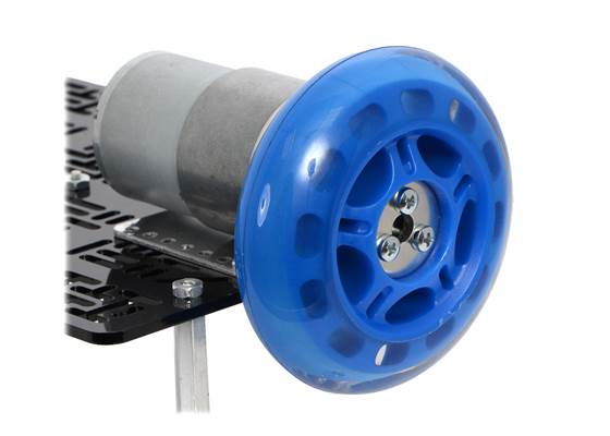 A 37D&nbsp;mm gearmotor connected to a scooter wheel by the 6&nbsp;mm scooter wheel adapter.