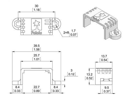 Dimension diagram of Mini Plastic Gearmotor Bracket &#8211; Wide. Units are mm over [inches].