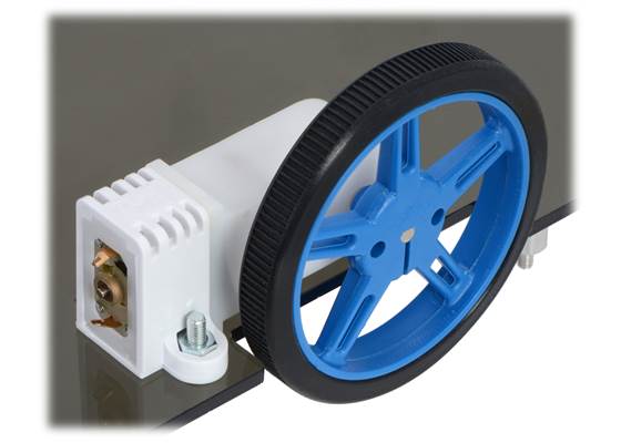 60&#215;8mm Pololu wheel and 90° mini plastic gearmotor mounted with tall mini plastic gearmotor bracket (with spacer).