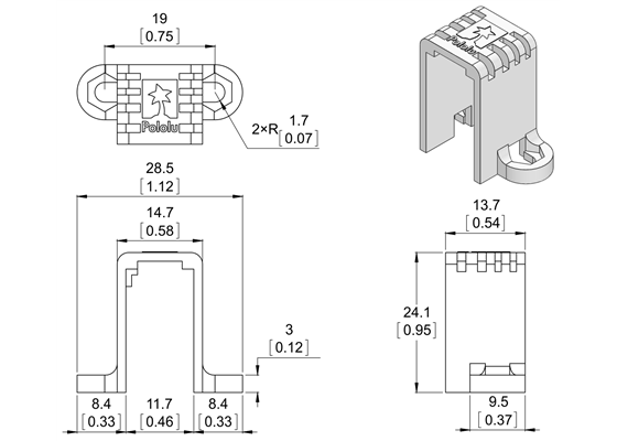 Dimension diagram of Mini Plastic Gearmotor Bracket &#8211; Tall.  Units are mm over [inches].