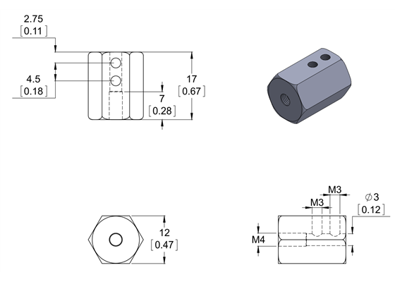 Dimension diagram of the Pololu 12mm Hex Wheel Adapter for 3mm Shaft. Units are mm over [inches].