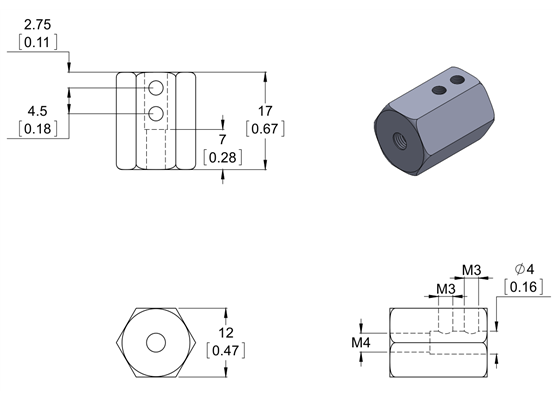 Dimension diagram of the Pololu 12mm Hex Wheel Adapter for 4mm Shaft. Units are mm over [inches].