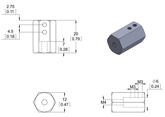 Dimension diagram of the Pololu 12mm Hex Wheel Adapter for 6mm Shaft. Units are mm over [inches].