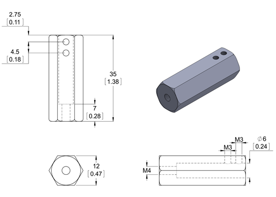 Dimension diagram of the Pololu 12mm Hex Wheel Adapter for 6mm Shaft Extended. Units are mm over [inches].