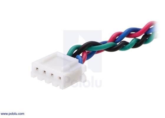 The JST XHP-4 connector that terminates the leads of the NEMA 17 stepper motor with 28cm lead screw.