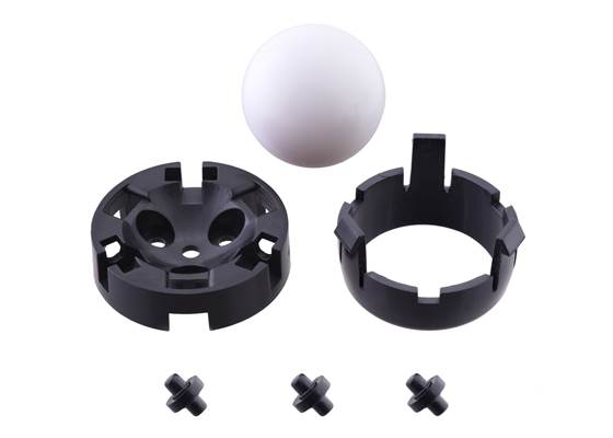 Components of the Pololu Ball Caster with 1″ Plastic Ball and Plastic Rollers: two-part housing, three plastic rollers, and a 1″ plastic ball.