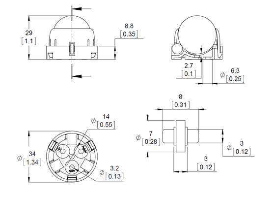 Dimensions of the Pololu Ball Caster with 1″ Plastic Ball and Plastic Rollers.  Units are mm over [inches].