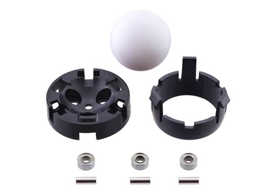 Components of the Pololu Ball Caster with 1″ Plastic Ball and Ball Bearings: two-part housing, three ball bearings and dowel pins, and a 1″ plastic ball.