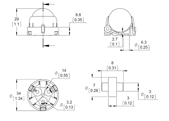Dimensions of the Pololu Ball Caster with 1″ Plastic Ball and Ball Bearings.  Units are mm over [inches].