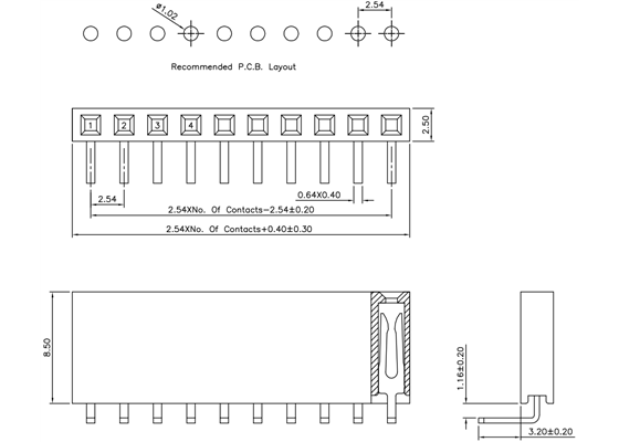 Dimensions for 0.1″ right-angle female headers in millimeters.