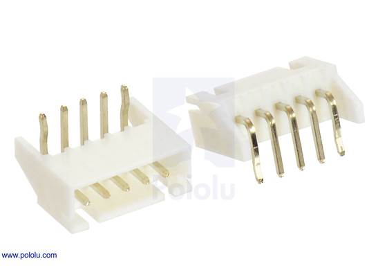 2.5 mm JST XH-style shrouded male connector: 5-pin, right angle extended (2-pack).