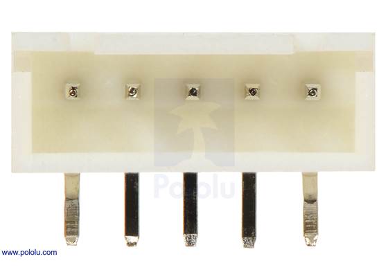 Front view of 2.5 mm JST XH-style shrouded male connector: 5-pin, right angle extended.