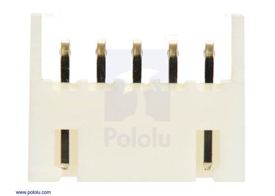 Top view of 2.5 mm JST XH-style shrouded male connector: 5-pin, right angle extended.