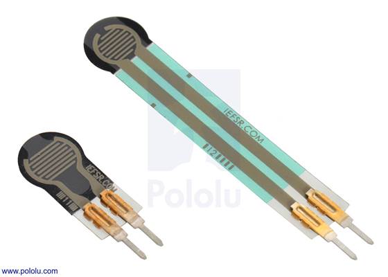 0.25″-diameter short-tail force sensing resistor (FSR) next to a 0.2″-diameter FSR with a standard tail.