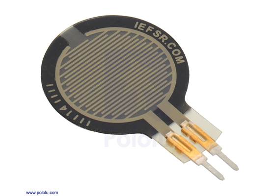 Force-sensing resistor (FSR): 0.6″-diameter circle, short tail.