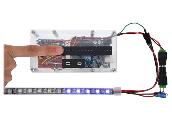 Example application: controlling a WS2812B LED strip with a 4″ force-sensing linear potentiometer (FSLP) strip. (1)