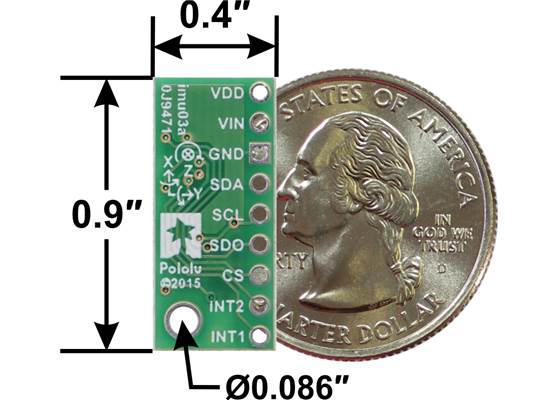 LSM6DS33 3D Accelerometer and Gyro Carrier with Voltage Regulator, bottom view with dimensions.