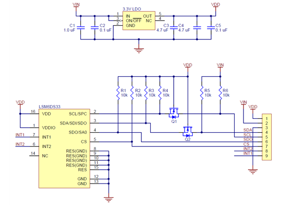 Schematic diagram of the LSM6DS33 3D Accelerometer and Gyro Carrier with Voltage Regulator.