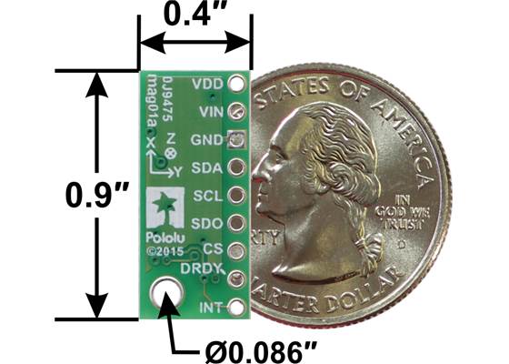 LIS3MDL 3-Axis Magnetometer Carrier with Voltage Regulator, bottom view with dimensions.