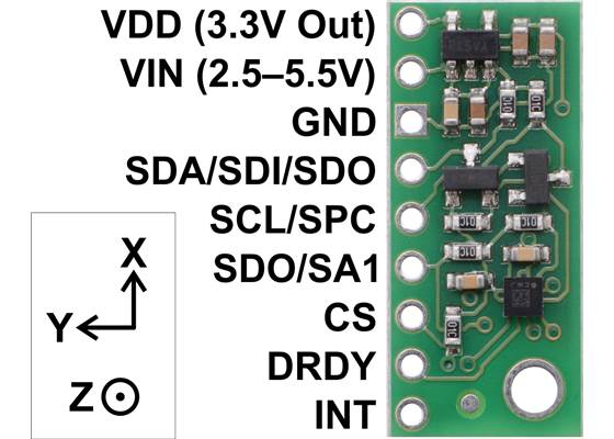 LIS3MDL 3-Axis Magnetometer Carrier with Voltage Regulator, labeled top view.