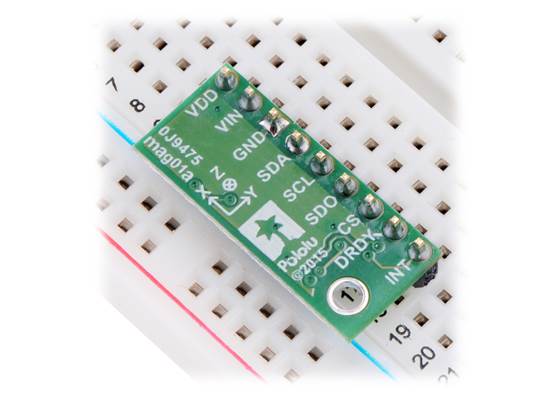LIS3MDL 3-Axis Magnetometer Carrier with Voltage Regulator in a breadboard.