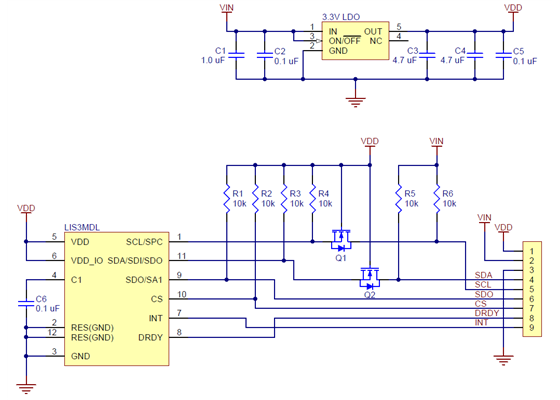 Schematic diagram of the LIS3MDL 3-Axis Magnetometer Carrier with Voltage Regulator.