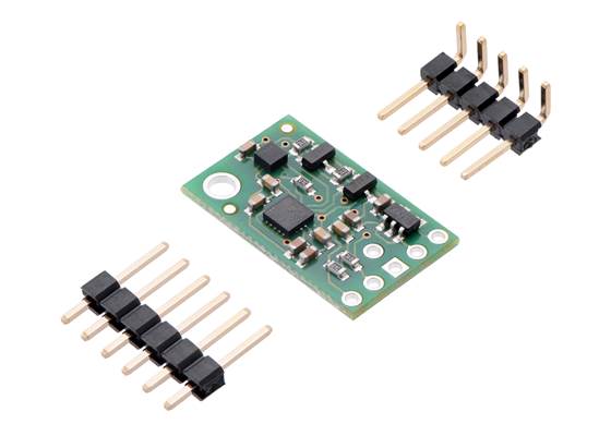 Pololu MinIMU-9 v5 gyro, accelerometer, and compass, with included optional headers.