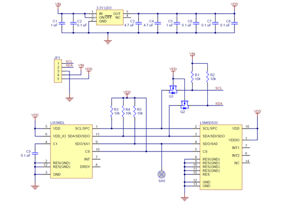 Schematic diagram of the MinIMU-9 v5 Gyro, Accelerometer, and Compass (LSM6DS33 and LIS3MDL Carrier).