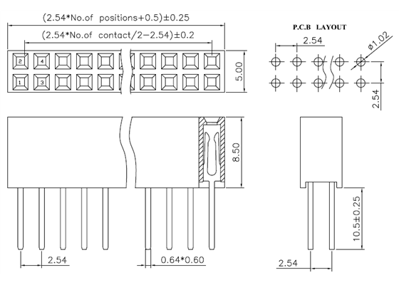Dimensions (in mm) of straight stackable 0.100″ female headers.