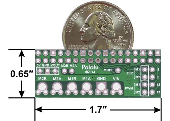 Pololu DRV8835 dual motor driver board for Raspberry Pi, top view with dimensions.