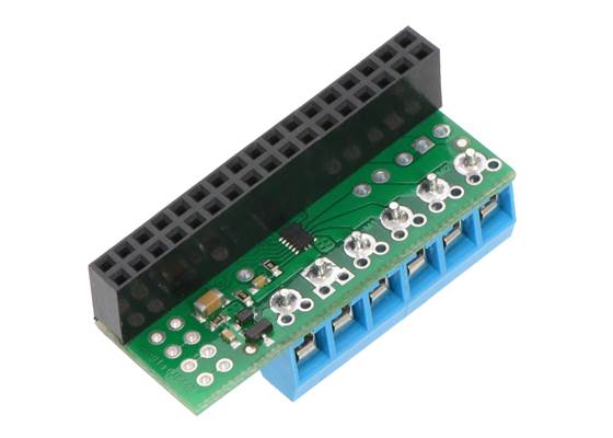 Pololu DRV8835 Dual Motor Driver Kit for Raspberry Pi assembled with included hardware, bottom view.