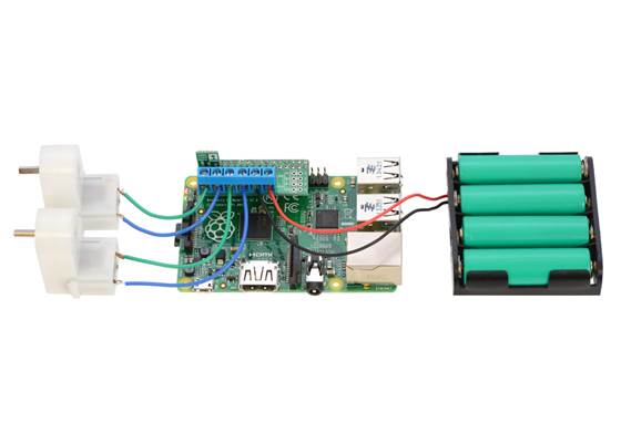 Driving motors with an assembled Pololu DRV8835 Dual Motor Driver Kit on a Raspberry Pi B+.  A step-up/step-down regulator provides 5&nbsp;V to the Raspberry Pi.
