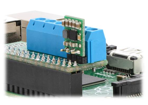 S7V7F5 step-up/step-down regulator connected to an assembled Pololu DRV8835 Dual Motor Driver Kit for Raspberry Pi.