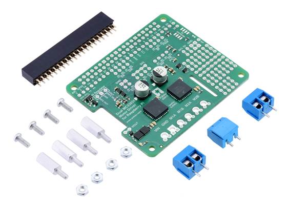 Pololu Dual MC33926 Motor Driver for Raspberry Pi (kit version) with included hardware.