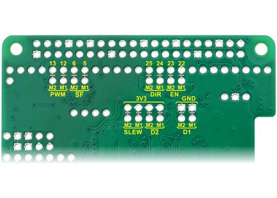 Bottom view of the dual MC33926 motor driver for Raspberry Pi, showing cuttable traces.