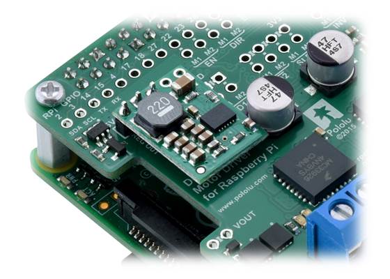 D24V10F5 step-down regulator connected to an assembled Pololu Dual MC33926 Motor Driver for Raspberry Pi.