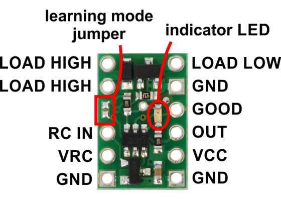 Pololu RC Switch with Small Low-Side MOSFET, top labeled view.