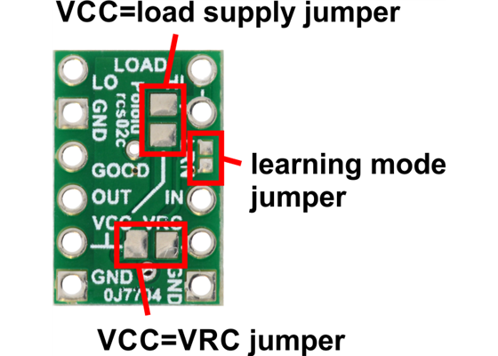 Pololu RC Switch with Small Low-Side MOSFET, bottom view with jumpers labeled.