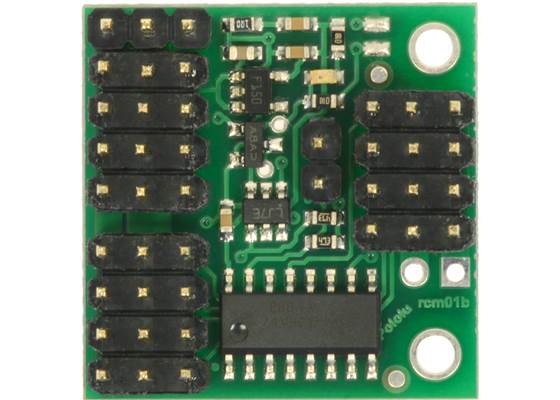 Pololu 4-Channel RC Servo Multiplexer (assembled with header pins), top view.