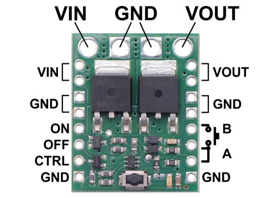Pinout diagram of the Big Pushbutton Power Switch with Reverse Voltage Protection.