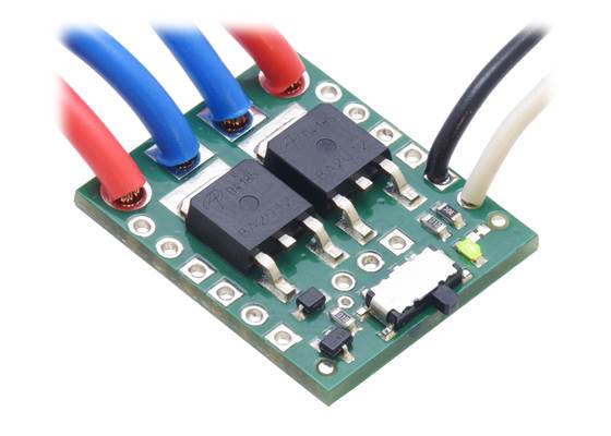 Big MOSFET Slide Switch with Reverse Voltage Protection, assembled with wires soldered directly to the board.