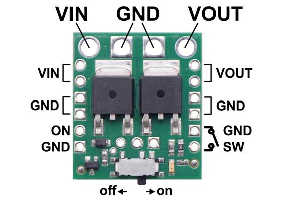 Pinout diagram of the Big MOSFET Slide Switch with Reverse Voltage Protection.