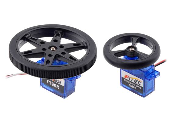 60&nbsp;mm and 40&nbsp;mm Pololu Wheels for Micro Servo Splines on FEETECH&#8217;s FT90R and FS90R micro continuous rotation servos.