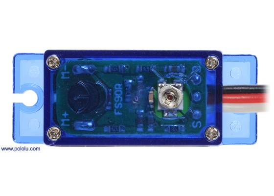 Bottom view of FEETECH FS90R micro continuous rotation servo (V2.0) showing middle-point adjustment potentiometer.