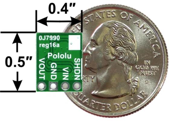 Pololu step-down voltage regulator D24V5Fx, bottom view with dimensions.