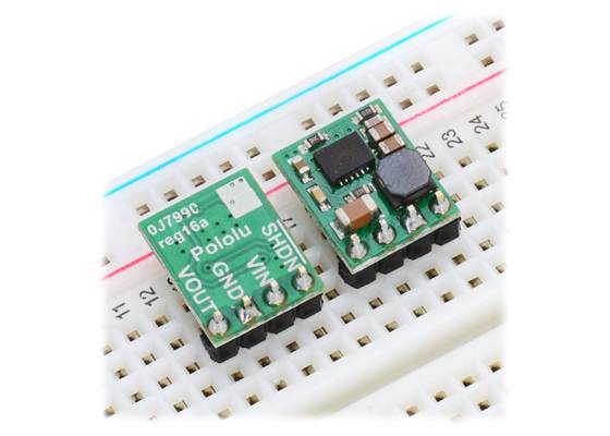 Pololu step-down voltage regulators D24V5Fx in a breadboard.